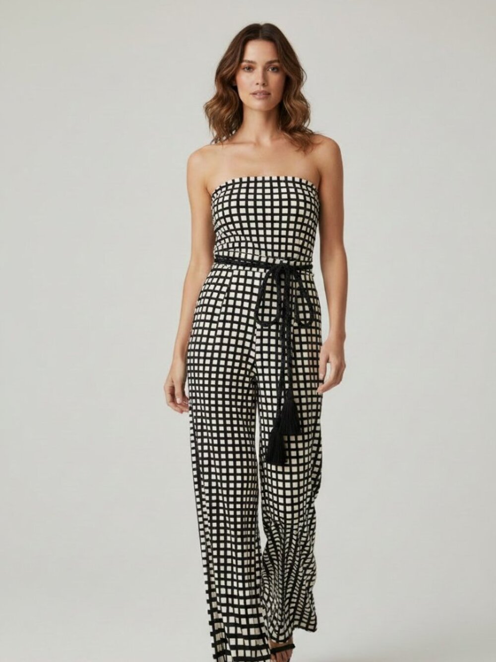 Ariella Strapless Wide Flare Jumpsuit Black Cream Grid Check Tassel Belt M